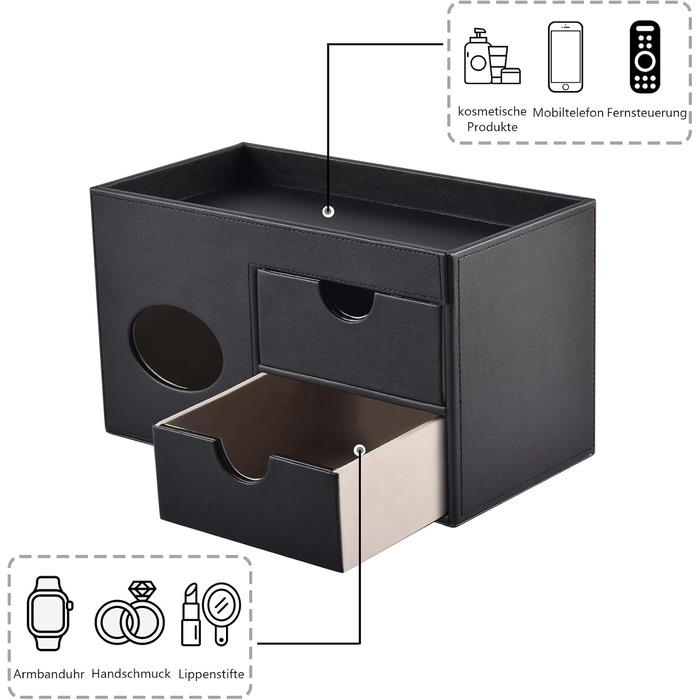 Tissue Box Linen with Drawers, Square Cosmetic Tissue Box with Magnetic Closure, Tissue Box with Side Pocket for Cell Phones, Cosmetic Brushes, Remote Controls, Office Supplies, Perfumes (Black)