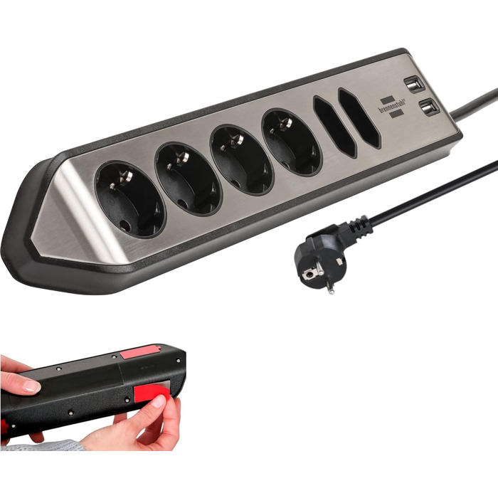 Смуга розеток Brennenstuhl Estilo Ecksteckdosenleiste 6-Fach: 4 розетки з заземленням, 2 Euro-розетки, 2 USB-порти (A), срібно-білий колір