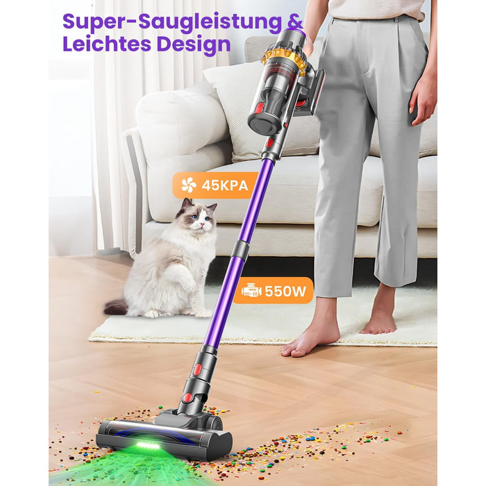 Бездротовий акумуляторний пилосос MAUOKE 45000Pa з LED-дисплеєм та V-подібною насадкою, 6-в-1 для дому, килимів, твердих поверхонь та видалення шерсті тварин