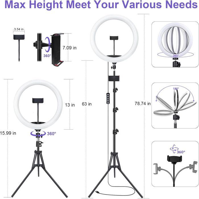 Кільцеве світло 13 дюймів з штативом, кліп для планшета та 2 тримачі для телефону, 3000-6000K, 10 рівнів яскравості, музичні режими, 100 RGB-режимів, LED кільцеве світло для селфі, TikTok, Vlog, YouTube, Facebook відео