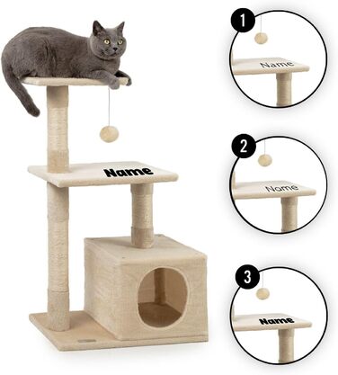 Lionto Scratching Post for Cats with Cave and Plush Ball incl. Bell, Height 85 cm, Cat Tree with Sisal & Plush, Cozy Resting Areas & Cave, Suitable for Small & Large Cats, (Beige (with name tag))