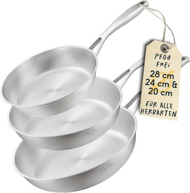 SILBERTHAL 3-Piece Stainless Steel Fry Pan Set - 20, 24, & 28cm - Induction Compatible, Non-Stick, Oven Safe up to 250°F