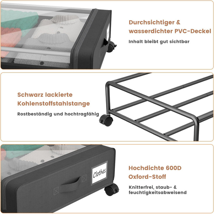Коробки для зберігання під ліжко PHINOX з колесами, 2 шт (74x42x16 см) - місткі контейнери для одягу, взуття, іграшок з прозорою кришкою