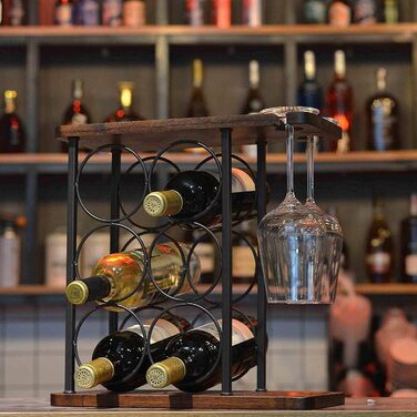 Wine rack with glass holders, tabletop wine holder with tray, freestanding wooden wine rack, perfect for home decor & kitchen storage rack, etc. (holds 6 bottles and 2 glasses)
