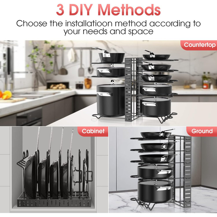 G-TING Pot Rack, 8 Tiers, Pot and Pan Organizer, Adjustable Lid Holders & Pan Rack for Kitchen, Countertop and Cabinet, Lid Organizer for Pots