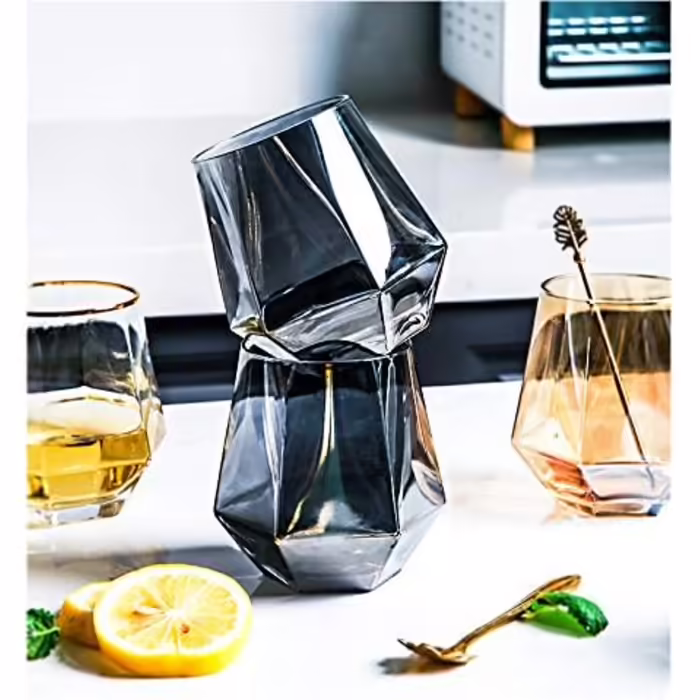 Diamond Whiskey Glasses 2-Piece Set, Tilted Scotch Glasses 300 Ml, Modern Look Whiskey Glasses for Men, Women, Dad, Husband, Friends, Glassware for Bourbon/Rum/Bar Tumbler, Smoke Gray 2