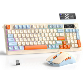 Бездротова клавіатура та миша FREEWOLF T96 з Bluetooth/2.4G, PBT-клавіші, дисплеєм, тихими клавішами, Anti-Ghosting, QWERTY (Heidelbeere)