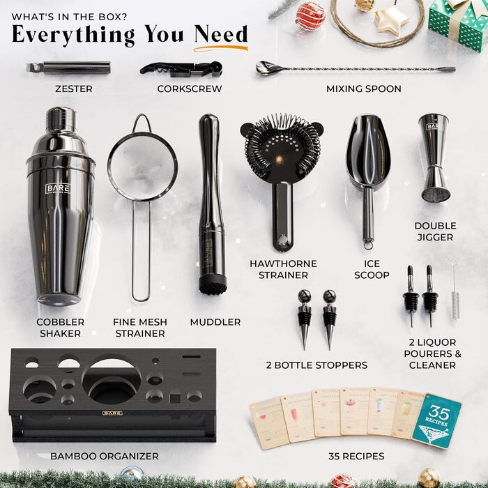 Набір бармена BARE BARREL® Mixology: 16 предметів для приготування коктейлів | Шейкер, барний аксесуар, інструменти для дому | 35 рецептів, подарунковий набір (680.4 г Cobbler Shaker, чорний)