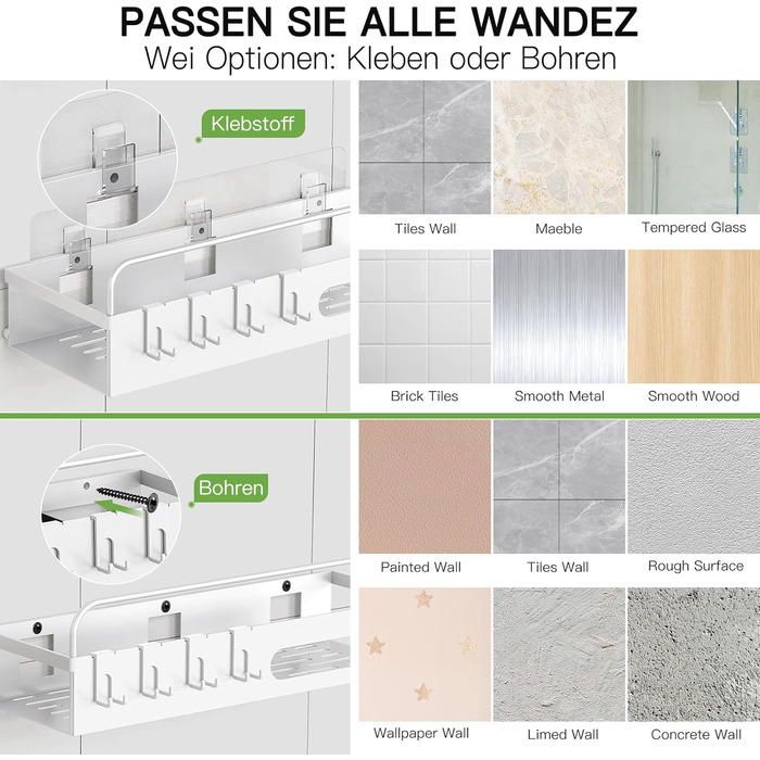 Полка для душу Uamector без свердління - Дзеркальна полиця для ванної кімнати, нержавіюча сталь, 2 шт. (3 шт. залізні пластини, білий)