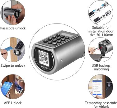 Електронний дверний циліндровий замок WELOCK PCB01 з паролем, RFID-карткою, Bluetooth та опціональним Wi-Fi, водонепроникний, для дверей 50-100 мм