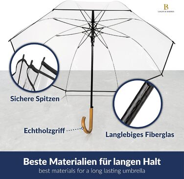 Logan & Barnes Transparent Wedding Umbrella with Real Wood Handle - 120cm Large Umbrella for 2 People - Cardiff XL Model - 120cm Transparent Umbrella with Black Trim