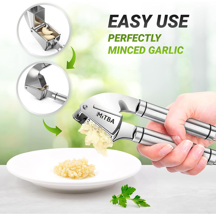 MiTBA Garlic Press Set with Non-Slip Handles - Includes Crusher, Silicone Peeler & Cleaning Brush