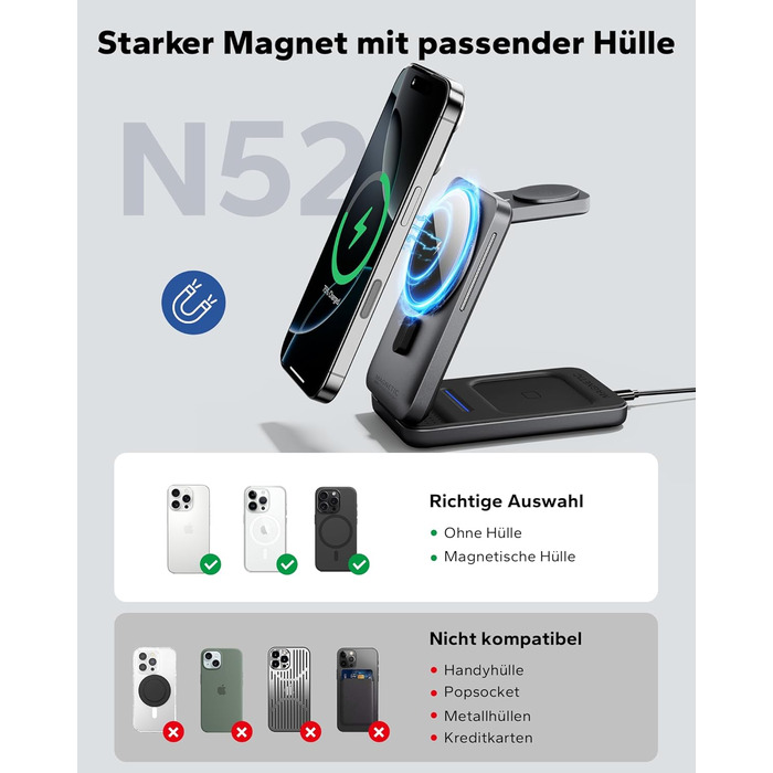 KPON Станція зарядки MagSafe для Apple Watch та iPhone, 3 в 1. Швидка зарядка для iPhone 12-17, Apple Watch 11-2, AirPods. Підходить для подорожей та офісу. В комплекті адаптер 20W.