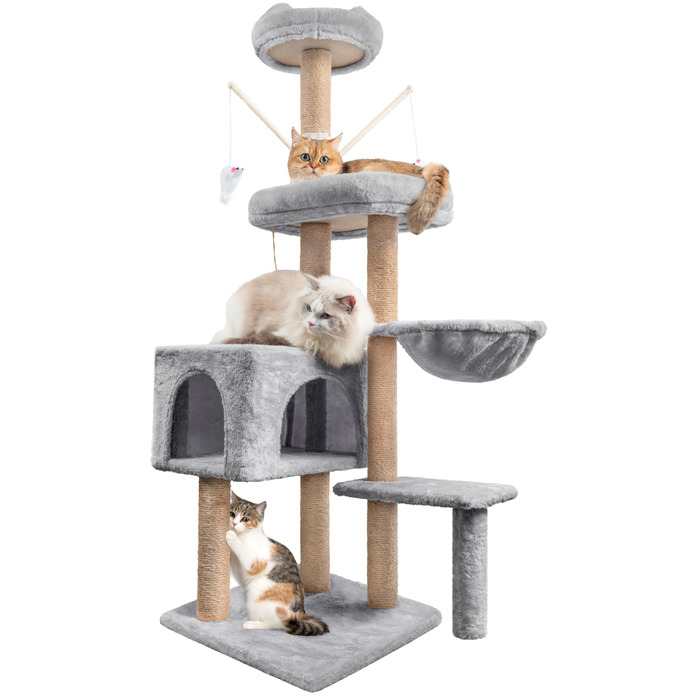 Кліматичний комплекс для котів Kratzbaum 145 см: кігтетопка, ігровий майданчик, ліжко, печера, платформи, сізалова колона, сірий колір
