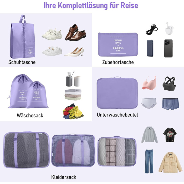 Органайзер для валізи, набір 10 шт. Packing Cubes, аксесуари для подорожей, косметичка, набір для валізи (фіолетовий)