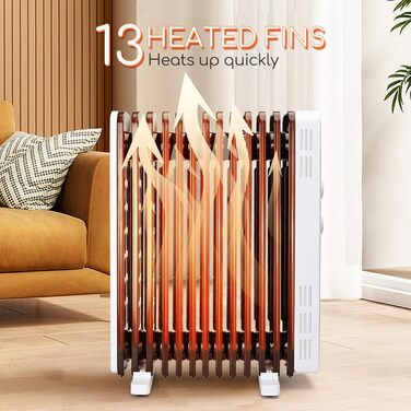 Електричний масляний радіатор Aigostar 2500W з термостатом, 13 ребер, 30м², 3 режими, захист від перекидання та перегріву