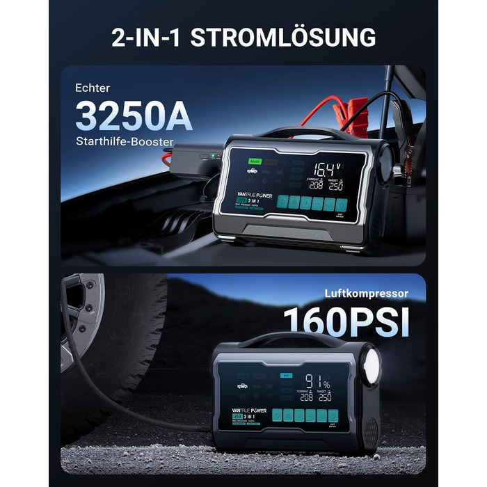 Пусковий пристрій (бустер) VANTRUE POWER JS3 для авто з компресором 160 PSI та функцією Powerbank, чорно-сріблястий