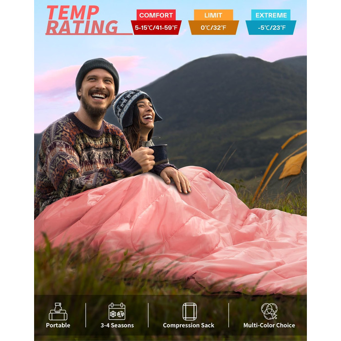 Сплячий мішок Outdoor Sportneer для 2 осіб: двомісний спальний мішок для відпочинку на природі, 3 сезони, 220x150 см, 2.75 кг з 2 подушками, дорослий ковдровий спальник для сім'ї (без фланелевої підкладки) (Рожевий)