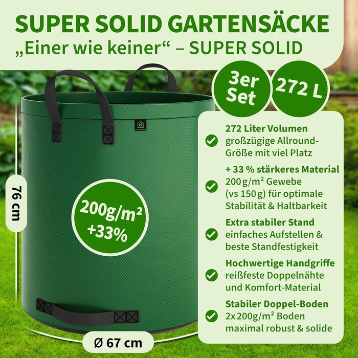 Набір садових мішків TTL Garden 3x272 л SUPER SOLID, зелений, з подвійним дном, надміцний, самостійно стоїть, 4 ручки, для трави, листя, гілок, садового сміття