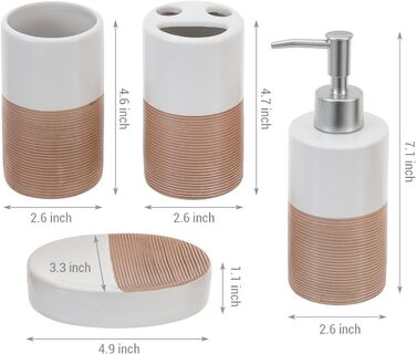Deluxe 4-Piece Ceramic Bathroom Set with Soap Dispenser, Toothbrush Holder, Cup, and Soap Dish in White and Beige
