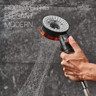 senstil® Premium Shower Head with Hose | Up to 60% water-saving hand shower | 3 Spray Modes | SPA, Rain Shower, Booster | Optimal water pressure, Smart-Stop button saves water & energy (White) (Orange)