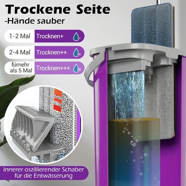 Набір для миття підлоги MASTERTOP з відром, моп з нержавіючою ручкою та 3 насадками, 2 в 1 набір відра та мопа, плоский моп з функцією віджиму для твердої підлоги, ламінату, плитки (Бежевий) (Набір для миття підлоги з відром: Фіолетовий)