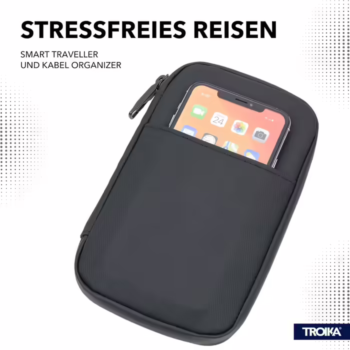 Органайзер для подорожей і кабелів TROIKA Smart Traveller, чорний, поліестер, поліуретан, з фронтальною кишенею, на блискавці, з відділеннями для карт