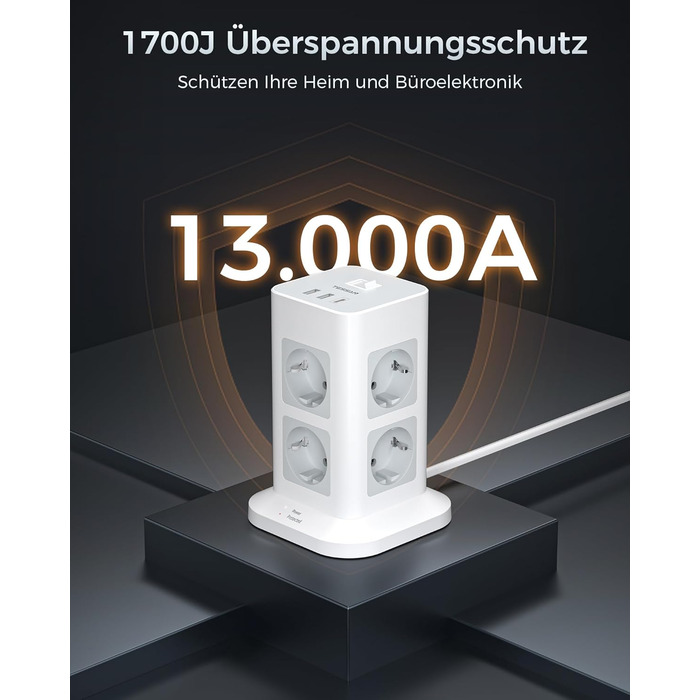 Багаторозкладна мережева панель TESSAN з захистом від перенапруги, 3600W, 16A, 8 розеток, USB-C, 2м кабель, сірий колір