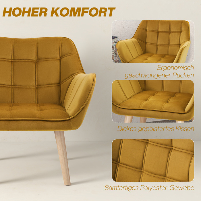 HOMCOM Ear Chair Single Chair Recliner with Velvet, Scandinavian Design, Raised Legs, Velvety Polyester, Yellow 67x61.5x71 cm
