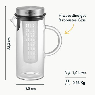 SILBERTHAL Glass Carafe with Lid - 1 Liter Carafe with Fruit Strainer - Dishwasher Safe & Heat Resistant