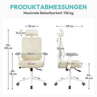 Офісне крісло Yaheetech ергономічне з регульованою підголівником, підлокітниками та поперековою підтримкою, поворотне, з функцією відкидання спинки до 130°, регульована висота (Бежевий)