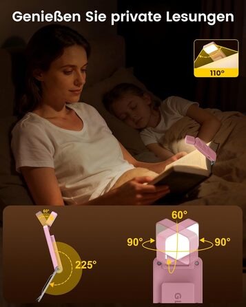Світлодіодна кліпса для читання Glocusent 12 LED з затискачем, рожева: лампа для книги в ліжко, 5 кольорів, 5 рівнів яскравості, 100 годин роботи, для дітей та любителів читати
