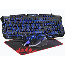 Ігровий набір клавіатури та миші: 114 клавіші QWERTZ DE, LED підсвічування, ергономічна миша з 4 кольорами, великий килимок, USB для PC/PS5/Xbox