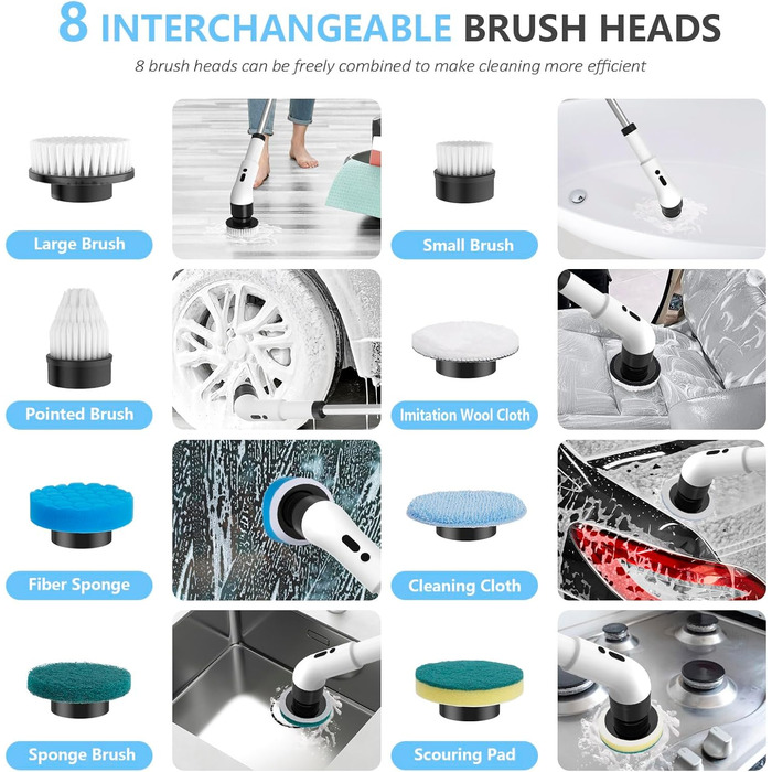 Електрична щітка для прибирання 9-в-1 з 8 насадками. Багатофункціональний інструмент для дому, кухні, ванної кімнати та авто.