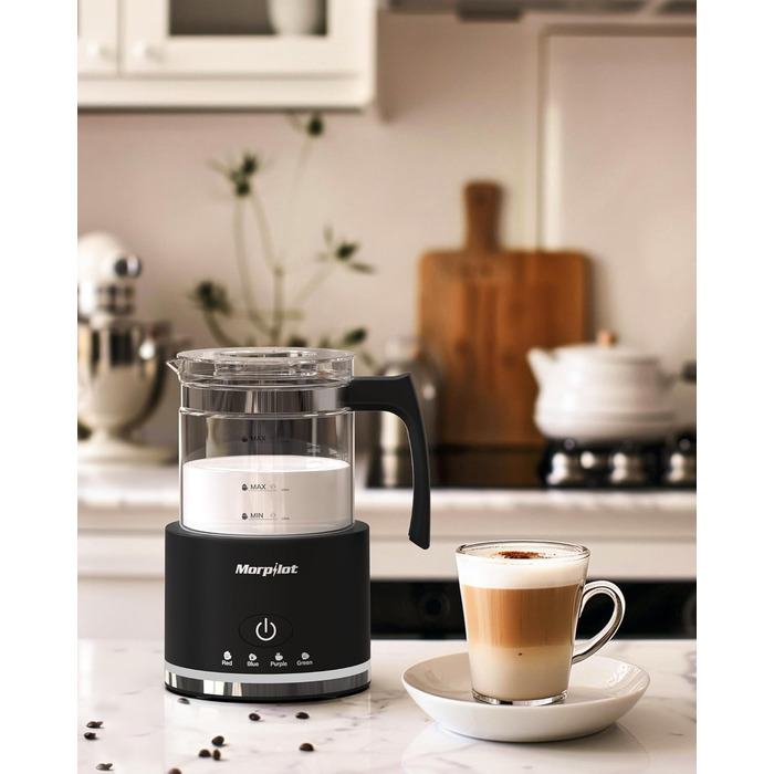 Morpilot Milk Frother Electric, 500ml 600W, 4 in 1 Milk Frother for Hot and Cold, Dishwasher Safe, Visual Glass, Latte Design, White (Black)