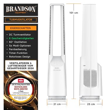 Вентилятор підлоговий безлопатевий Brandson ECO Line – тихий, з пультом, 6 швидкостей, режим сну, білий