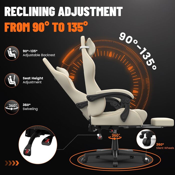 Ергономічне ігрове крісло Gaming Chair з підніжкою, регульованим нахилом спинки (90–135°), поперековою та підголівником, біле