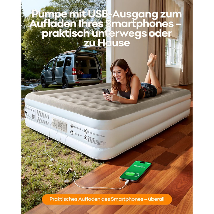 Надувний матрац Premium Luftmatratze з вбудованим насосом для 2 осіб, білий - швидке надування, м'яке флокування, для дому та кемпінгу