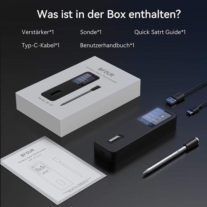 Термометр для м'яса BFOUR BF-30 PRO: бездротовий Bluetooth термометр-щуп з LCD-дисплеєм, IP67, для приготування BBQ, гриля, духовки, кухні (чорний)