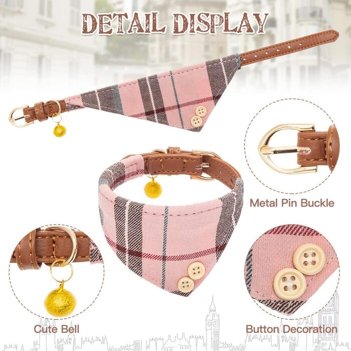 Набір аксесуарів для собак EXPAWLORER: ошийник, повідок та бандана в клітинку. Регульовані, з дзвіночком. Підходить для цуценят та котів, розмір S-M, рожевий.