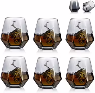 Diamond Whiskey Glasses 2-Piece Set, Tilted Scotch Glasses 300 Ml, Modern Look Whiskey Glasses for Men, Women, Dad, Husband, Friends, Glassware for Bourbon/Rum/Bar Tumbler, Smoke Gray 2