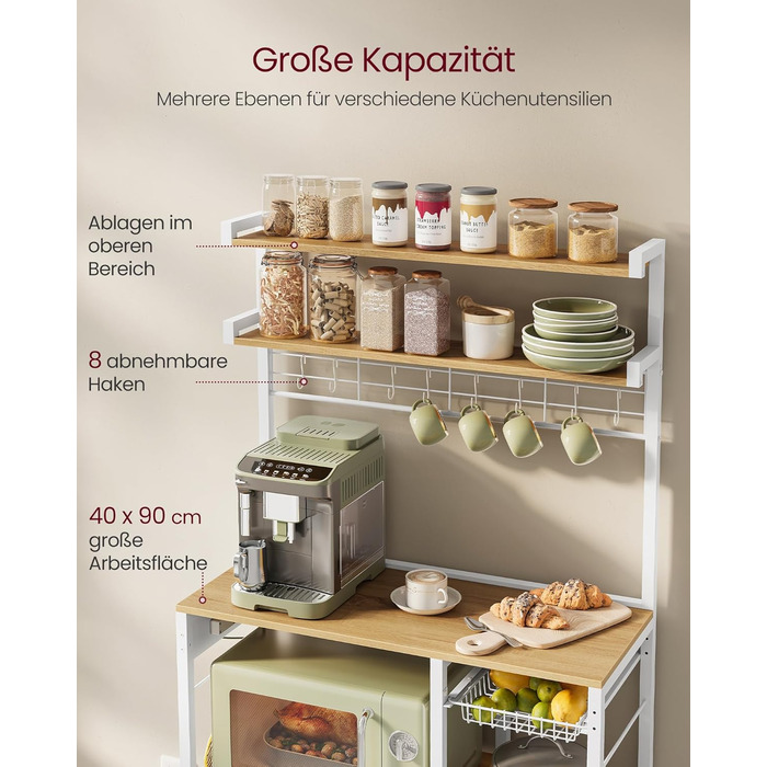 Полиця кухонна VASAGLE з розетками, стелаж для мікрохвильовки, 8 гачків S-подібної форми, кухонний шафчик, органайзер для спецій, 40 x 90 x 165,5 см, коричневий вінтаж та чорний, KKS031K11