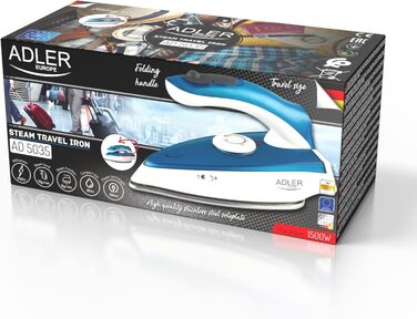 Подорожній праска Adler Europe Mini 1700W з нержавіючою підошвою, 60 мл резервуар та 1,94 м кабелем
