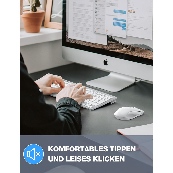 Бездротова клавіатура та миша TECKNET QWERTZ, 2.4 GHz, 15м, тиха, для ПК, ноутбука, Smart TV, білий/сріблястий