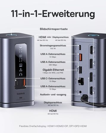 Базаус Док-станція USB-C 12-в-1 для ноутбуків Dell/HP/Lenovo/Asus/Acer/Mac, 2 монітори 4K HDMI, 10Gbps USB-C/A, 100W PD, Gigabit Ethernet