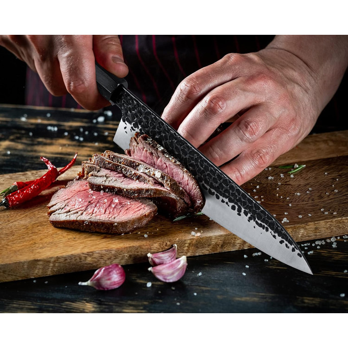 Японський кухонний ніж Gyuto 21 см, професійний, ручної роботи, з високоякісної сталі AUS-8, з дерев'яним руків'ям з палісандру, подарункова коробка