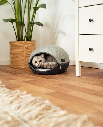 Lionto Cat Cave made of durable felt, cozy cuddle cave with zipper, 46x38x24 cm, comfortable and modern cat bed with soft and washable cushion, grey