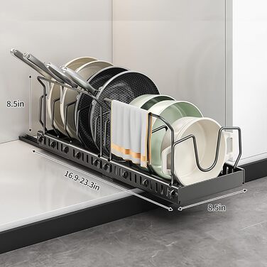 Організатор для каструль та сковорідок Xonusin під шафу з 10 регульованими перегородками та тримачем для ручок, розширюваний висувний органайзер для кухні