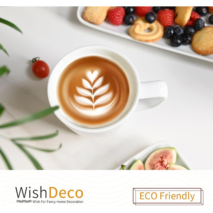 Набір кавових чашок WishDeco 6 шт., порцеляна, білий колір, 400 мл, з ручкою, для кави, чаю, капучино, молока, гарячих напоїв, квадратна основа