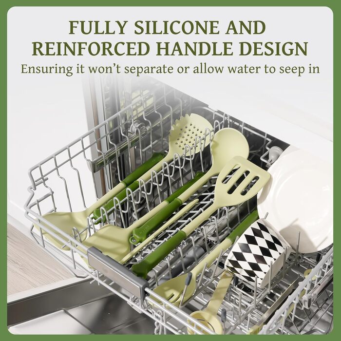 Набір кухонних аксесуарів Kikcoin 43 шт. – Силіконовий набір кухонних інструментів, безпечний для миття в посудомийній машині, лопатки для антипригарного посуду, стійкий до 230°C, кухонні помічники з підставкою, BPA-free, колір: авокадо